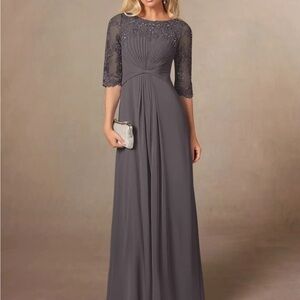 Azazie Zinnia Steel Grey A-Line Sequins Chiffon Dress